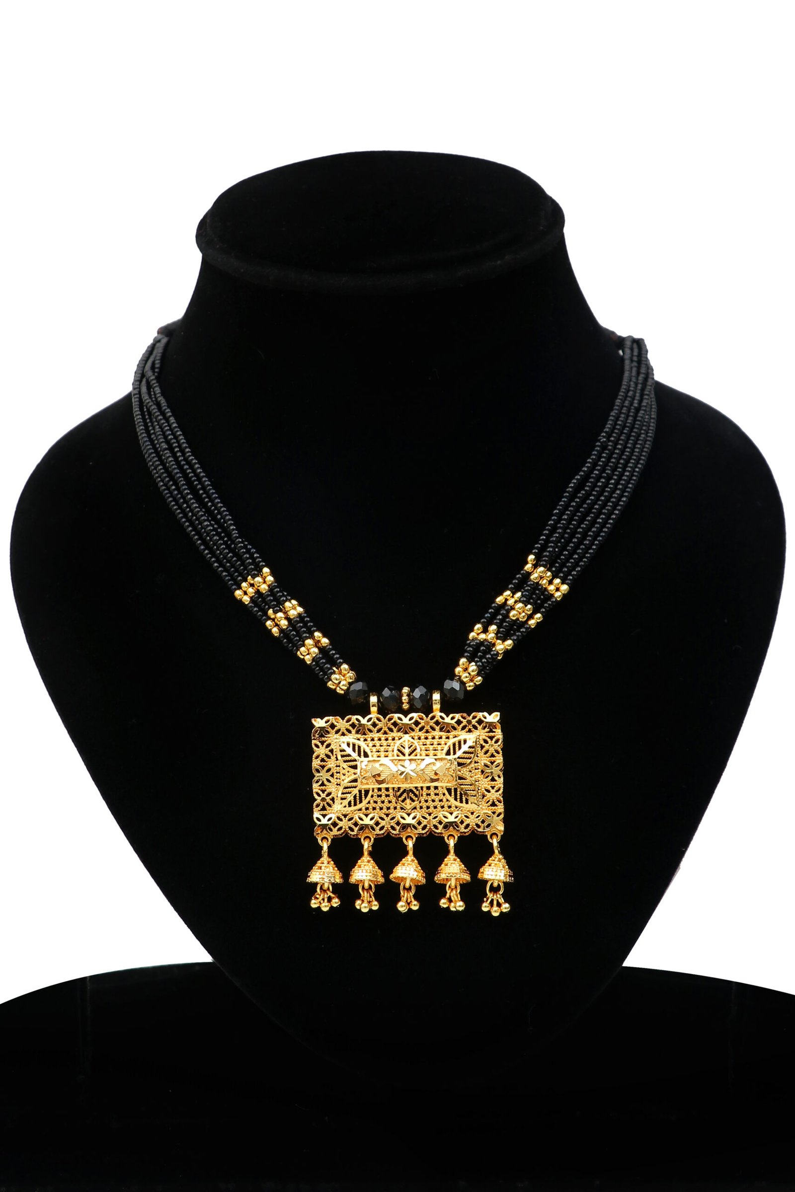 (19) Classic Black Beaded Gold-Plated Rectangular Pendant Mangalsutra