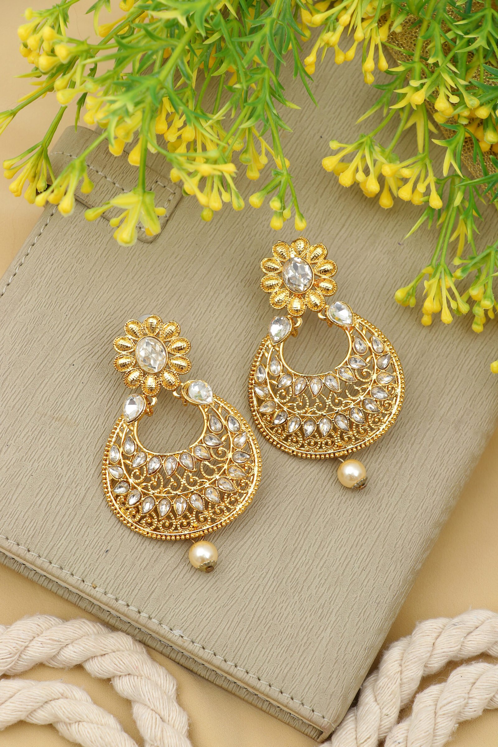 (57) Floral Kundan Gold-Plated Drop Earrings