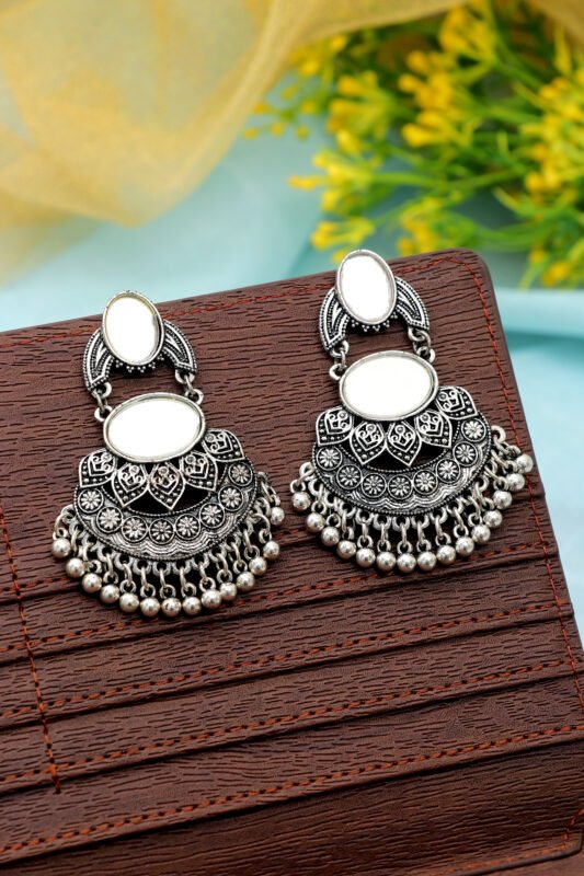 Mirror Work Oxidized Silver Earrings