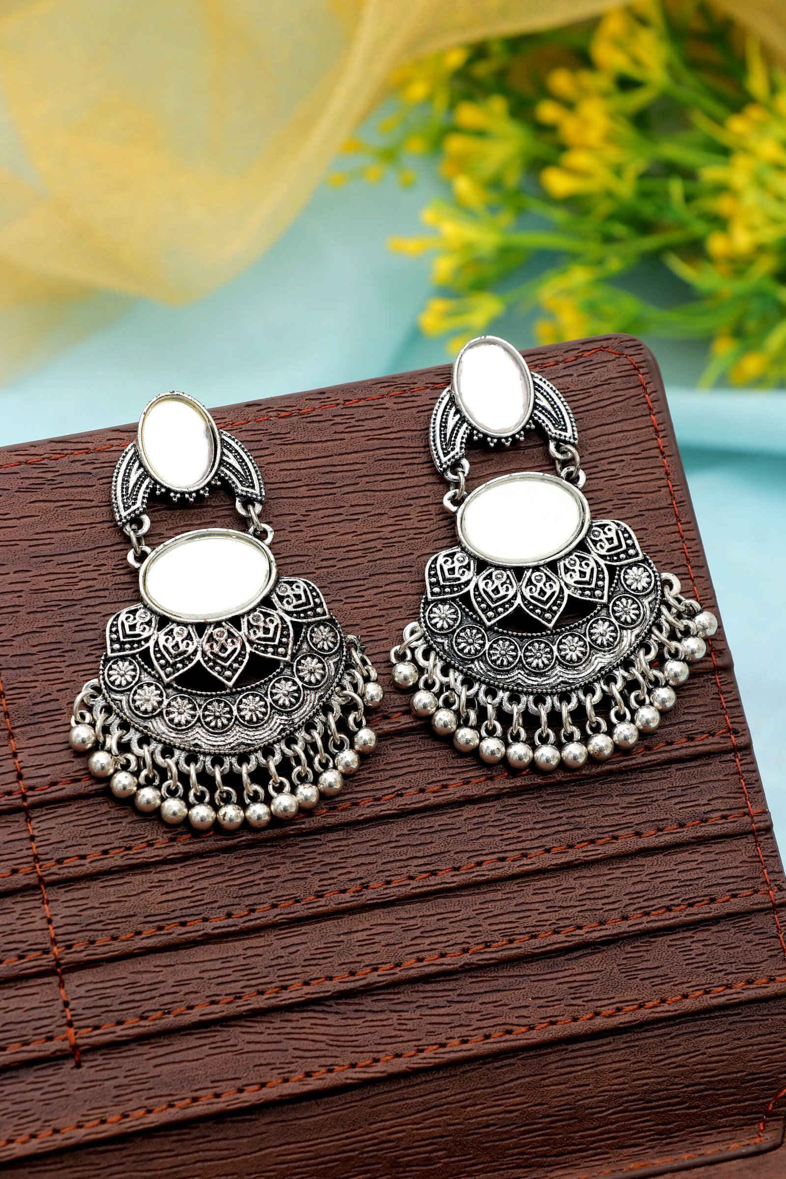 (72) Mirror Work Oxidized Silver Earrings