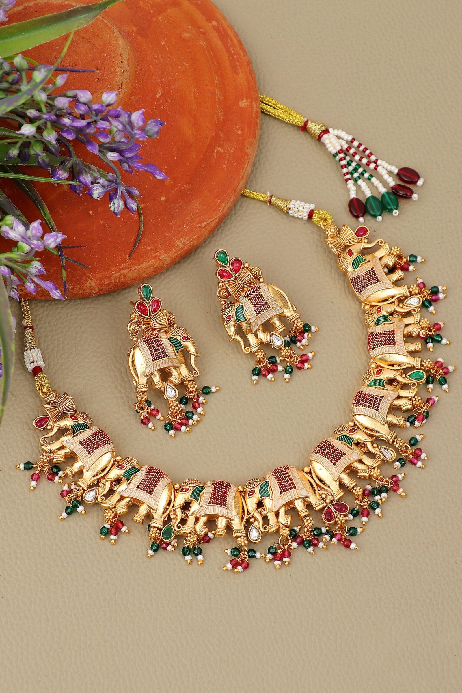 IMG_0933 Heritage Elephant Motif Enamel Gold Necklace Set