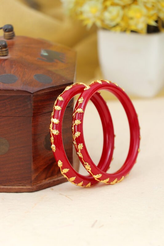 Red Enamel Bangles with Leaf Motif