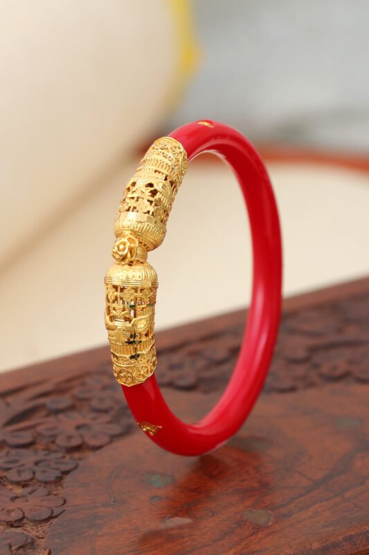 Red Enamel Kada with Ornate Gold Carving